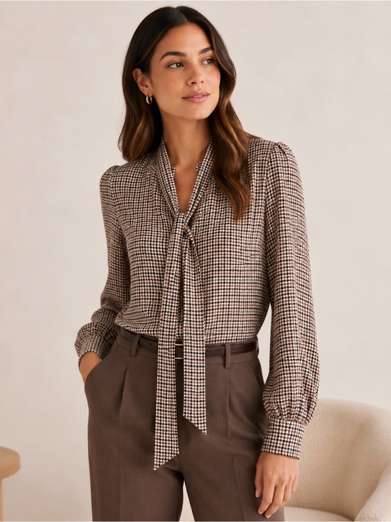 Who What Wear Tops - Who What Wear Houndstooth Tie-Neck Blouse in Black, Cream & Brown Women’s medium
